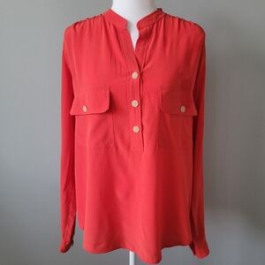 VINCE Split Neck Long Sleeve Button Down Silk Utility Blouse